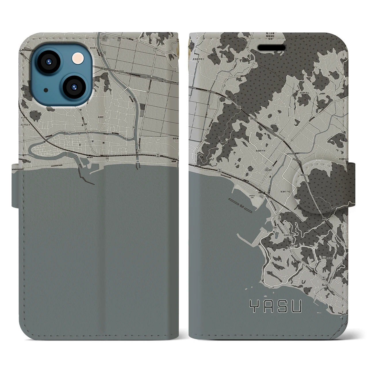 【夜須(高知県)】地図柄iPhoneケース(手帳タイプ)モノトーン・iPhone 13 用