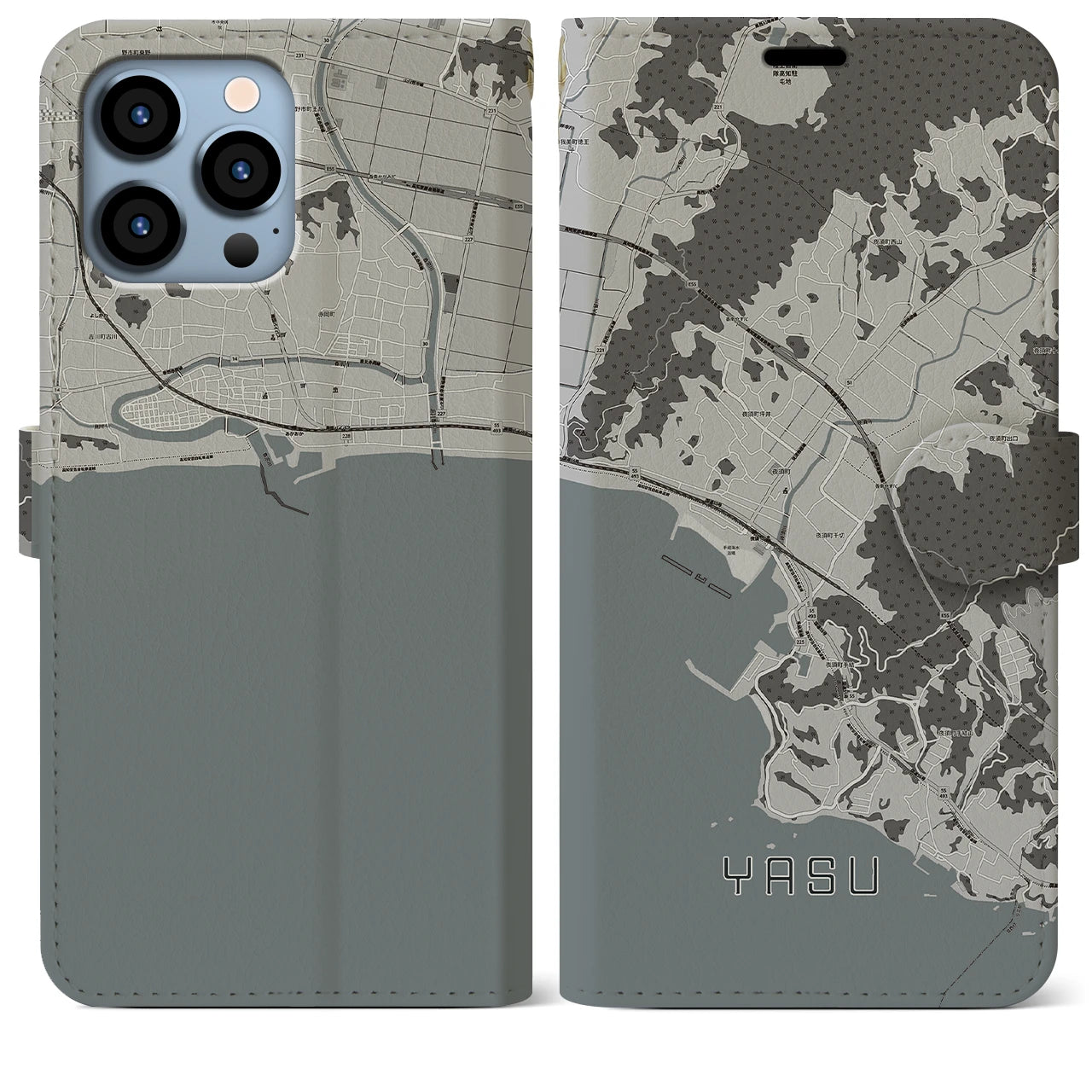 【夜須(高知県)】地図柄iPhoneケース(手帳タイプ)モノトーン・iPhone 13 Pro Max 用