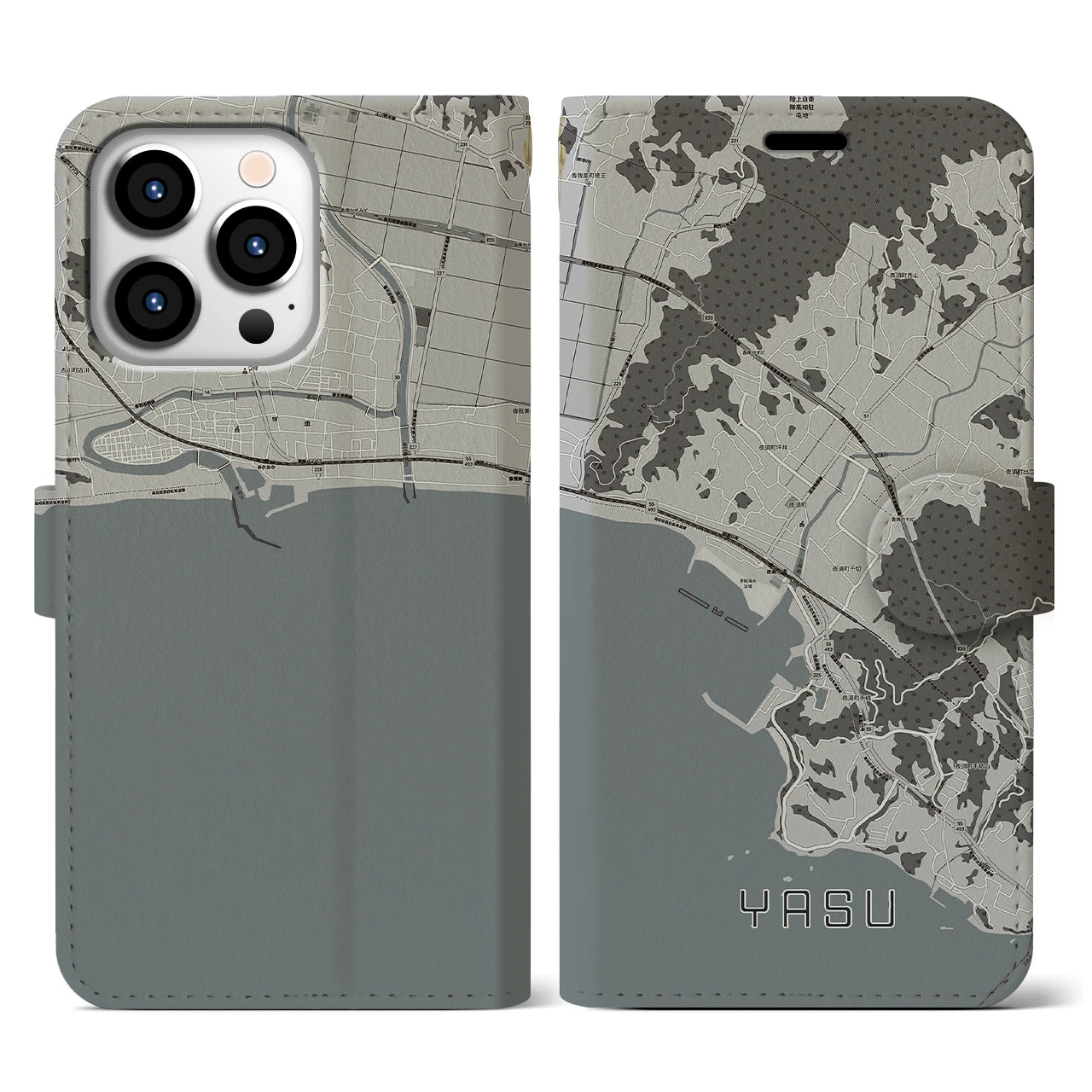 【夜須(高知県)】地図柄iPhoneケース(手帳タイプ)モノトーン・iPhone 13 Pro 用