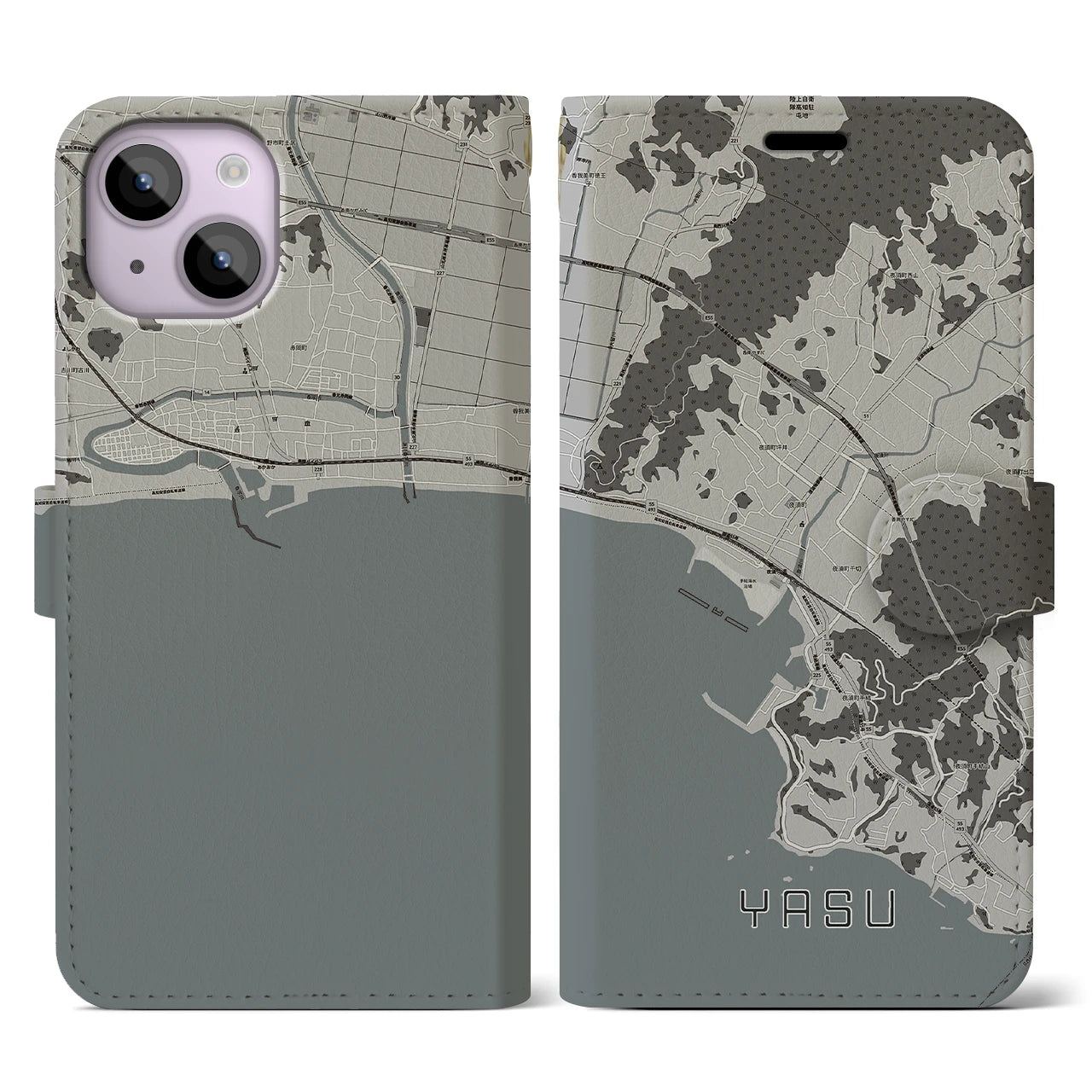 【夜須(高知県)】地図柄iPhoneケース(手帳タイプ)モノトーン・iPhone 14 用