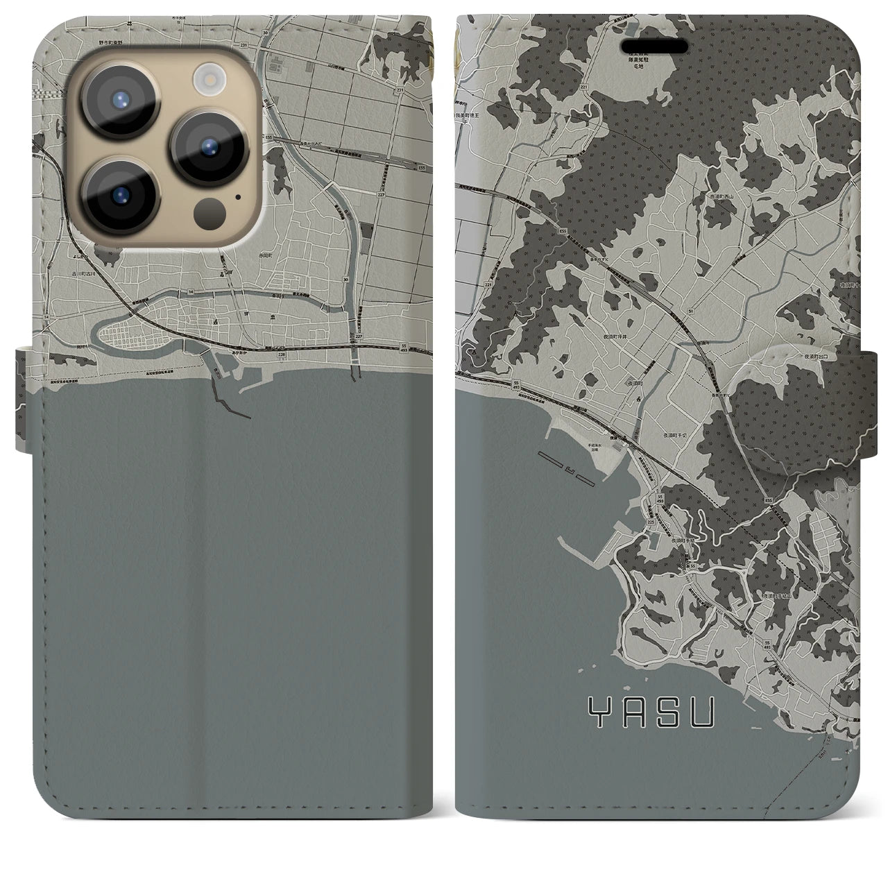 【夜須(高知県)】地図柄iPhoneケース(手帳タイプ)モノトーン・iPhone 14 Pro Max 用