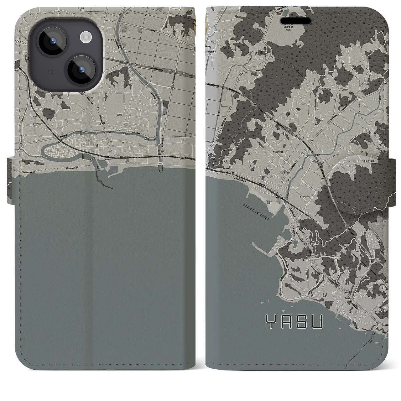 【夜須(高知県)】地図柄iPhoneケース(手帳タイプ)モノトーン・iPhone 14 Plus 用