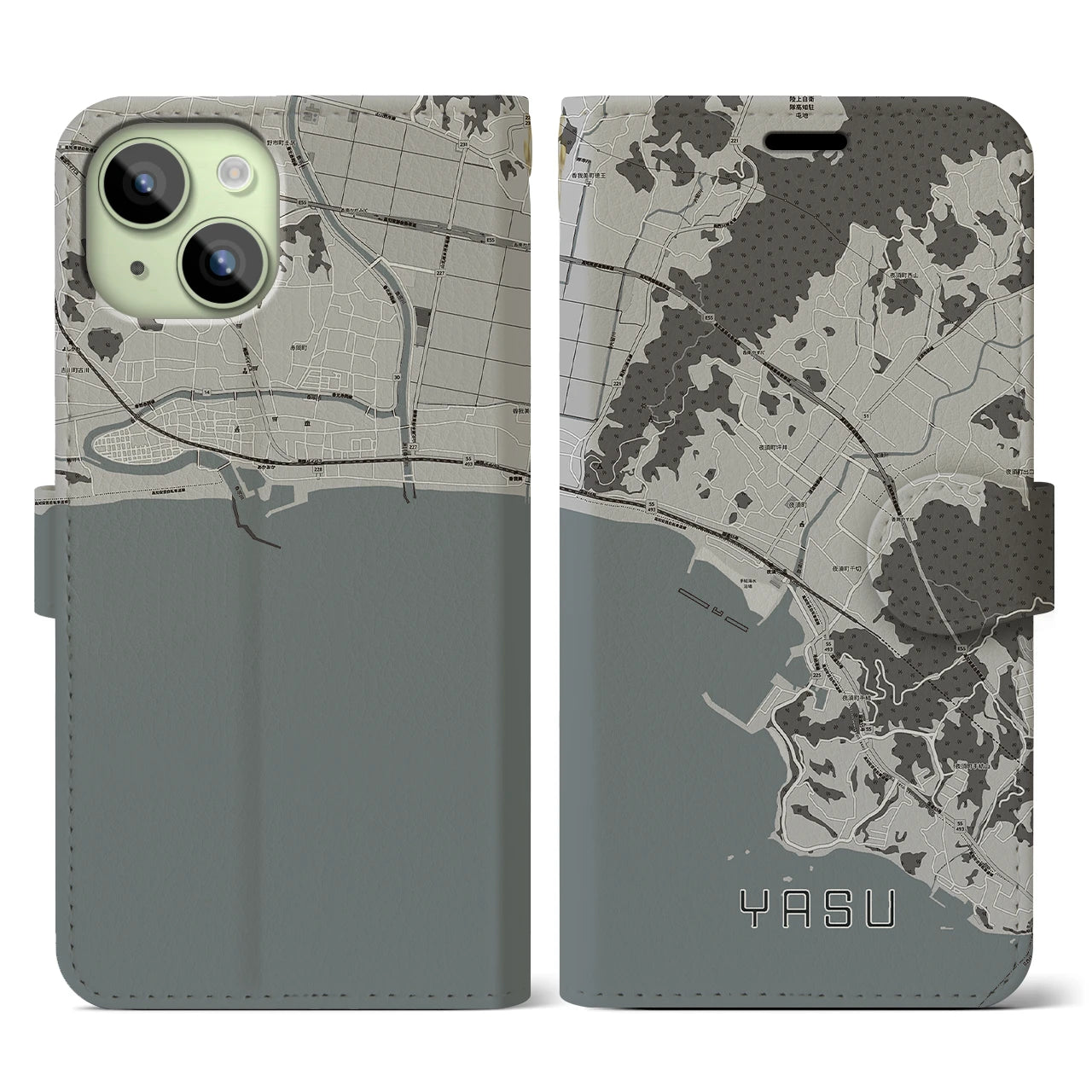 【夜須(高知県)】地図柄iPhoneケース(手帳タイプ)モノトーン・iPhone 15 用