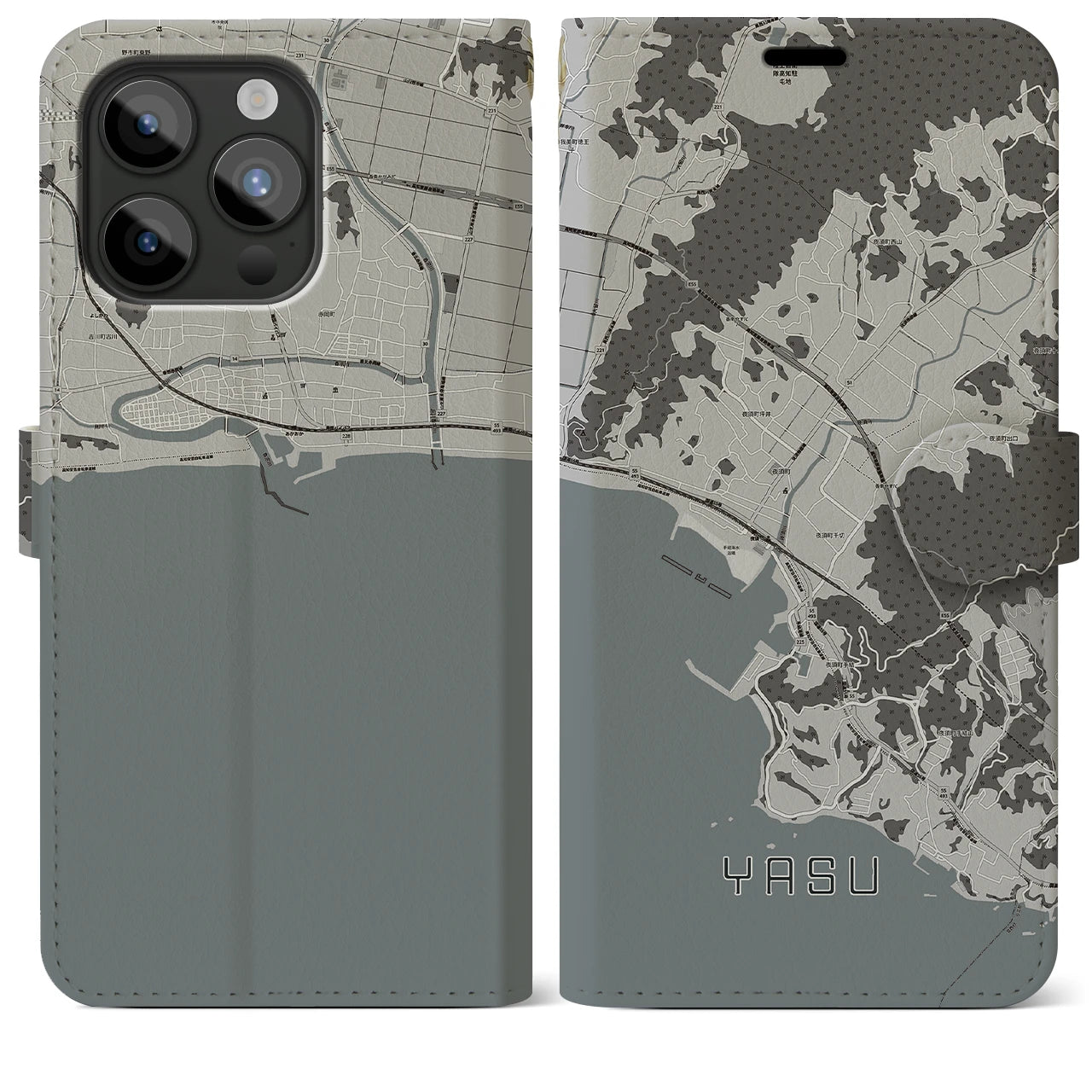 【夜須(高知県)】地図柄iPhoneケース(手帳タイプ)モノトーン・iPhone 15 Pro Max 用