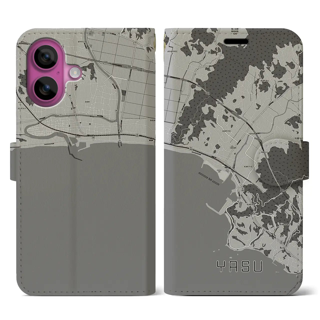 【夜須(高知県)】地図柄iPhoneケース(手帳タイプ)モノトーン・iPhone 16 Pro 用