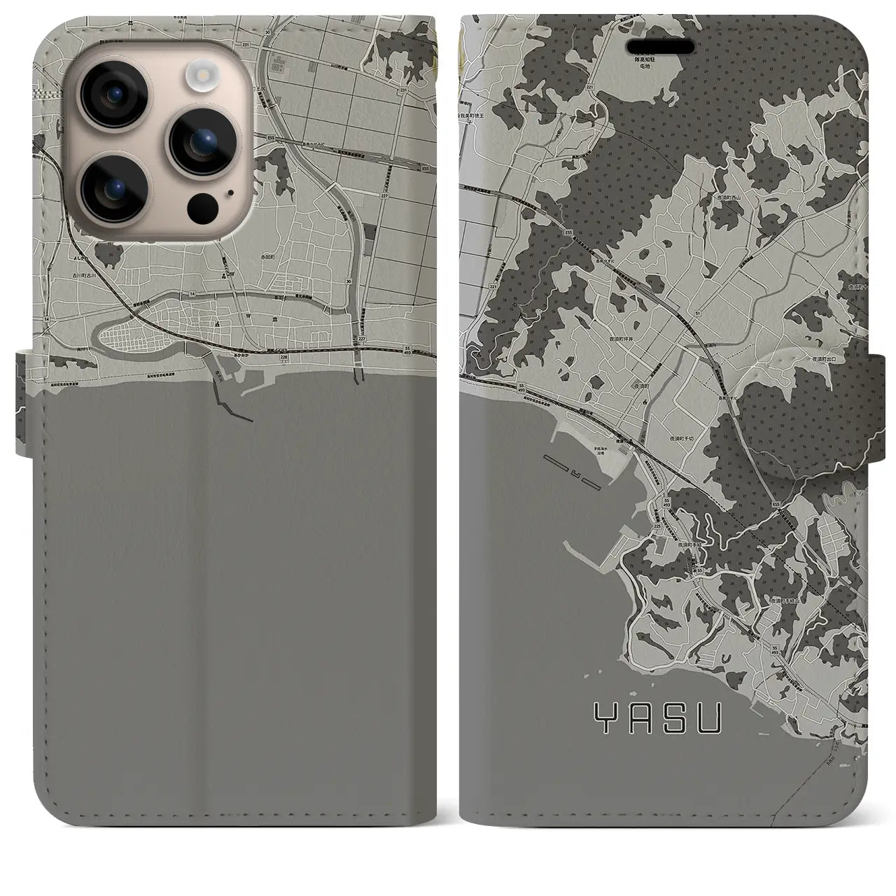 【夜須(高知県)】地図柄iPhoneケース(手帳タイプ)モノトーン・iPhone 16 Plus 用