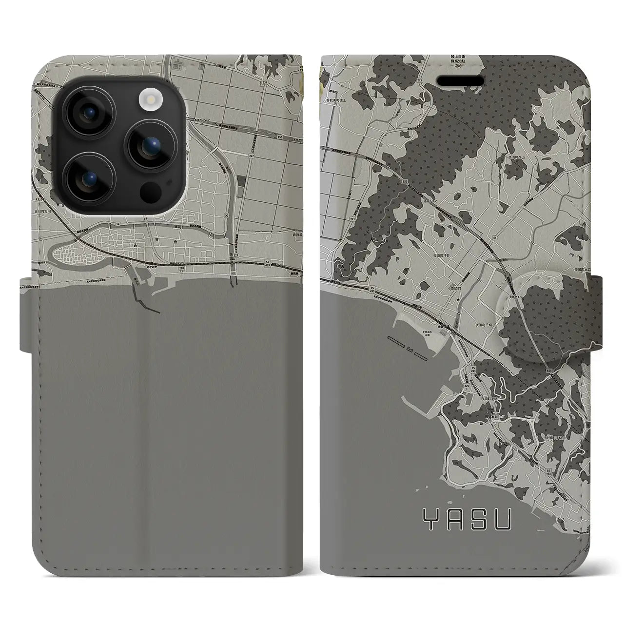 【夜須(高知県)】地図柄iPhoneケース(手帳タイプ)モノトーン・iPhone 16 用