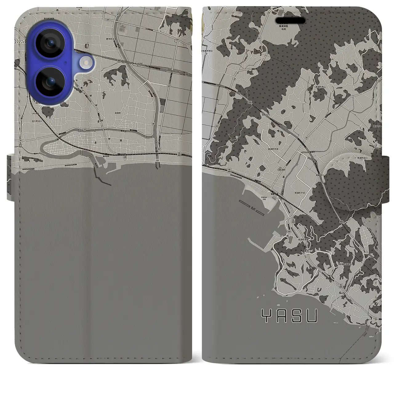 【夜須(高知県)】地図柄iPhoneケース(手帳タイプ)モノトーン・iPhone 16 Pro Max 用