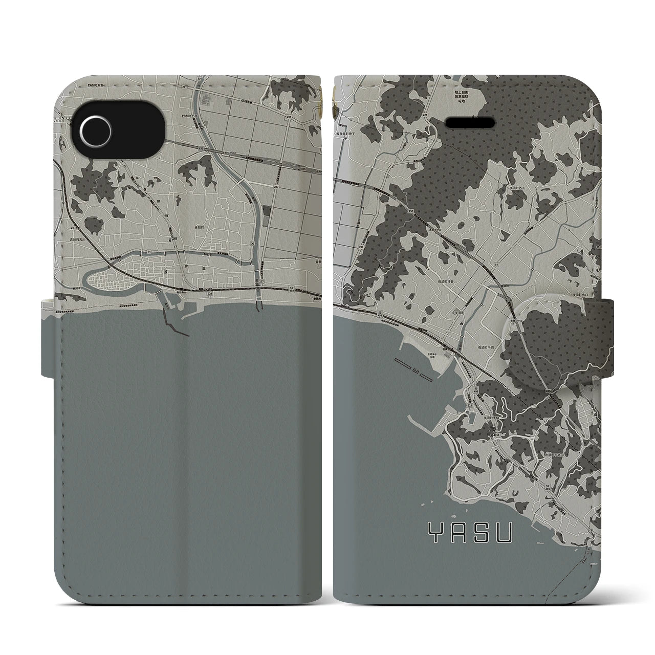 【夜須(高知県)】地図柄iPhoneケース(手帳タイプ)モノトーン・iPhone SE(第3 / 第2世代) / 8 / 7 / 6s / 6 用