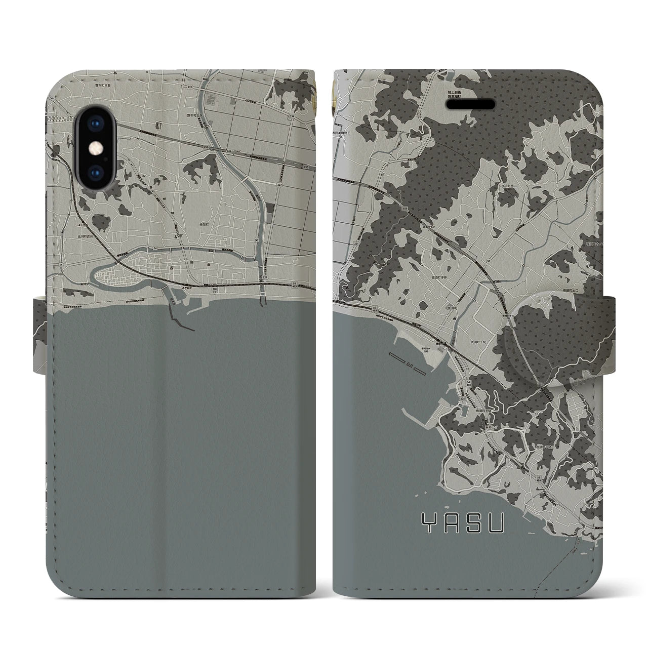 【夜須(高知県)】地図柄iPhoneケース(手帳タイプ)モノトーン・iPhone XS / X 用