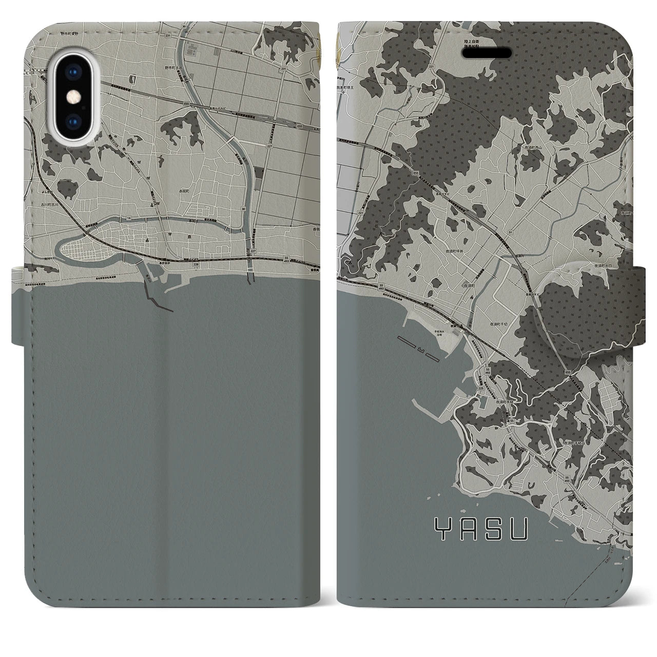 【夜須(高知県)】地図柄iPhoneケース(手帳タイプ)モノトーン・iPhone XS Max 用
