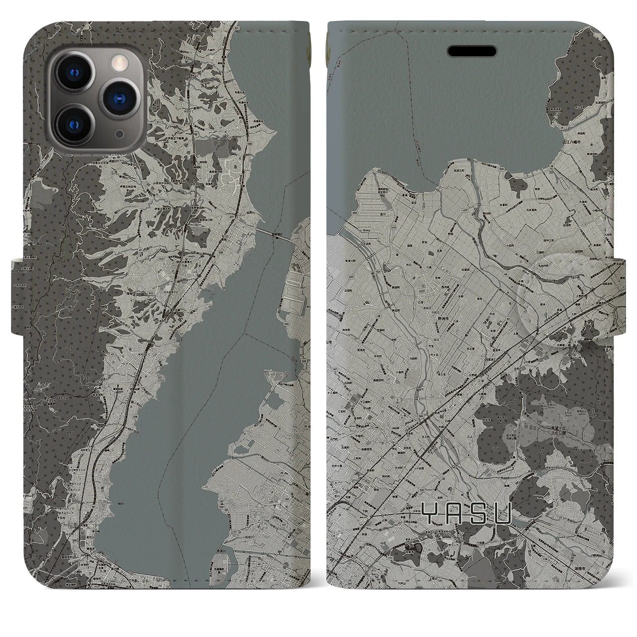 【野洲(滋賀県)】地図柄iPhoneケース(手帳タイプ)モノトーン・iPhone 11 Pro Max 用