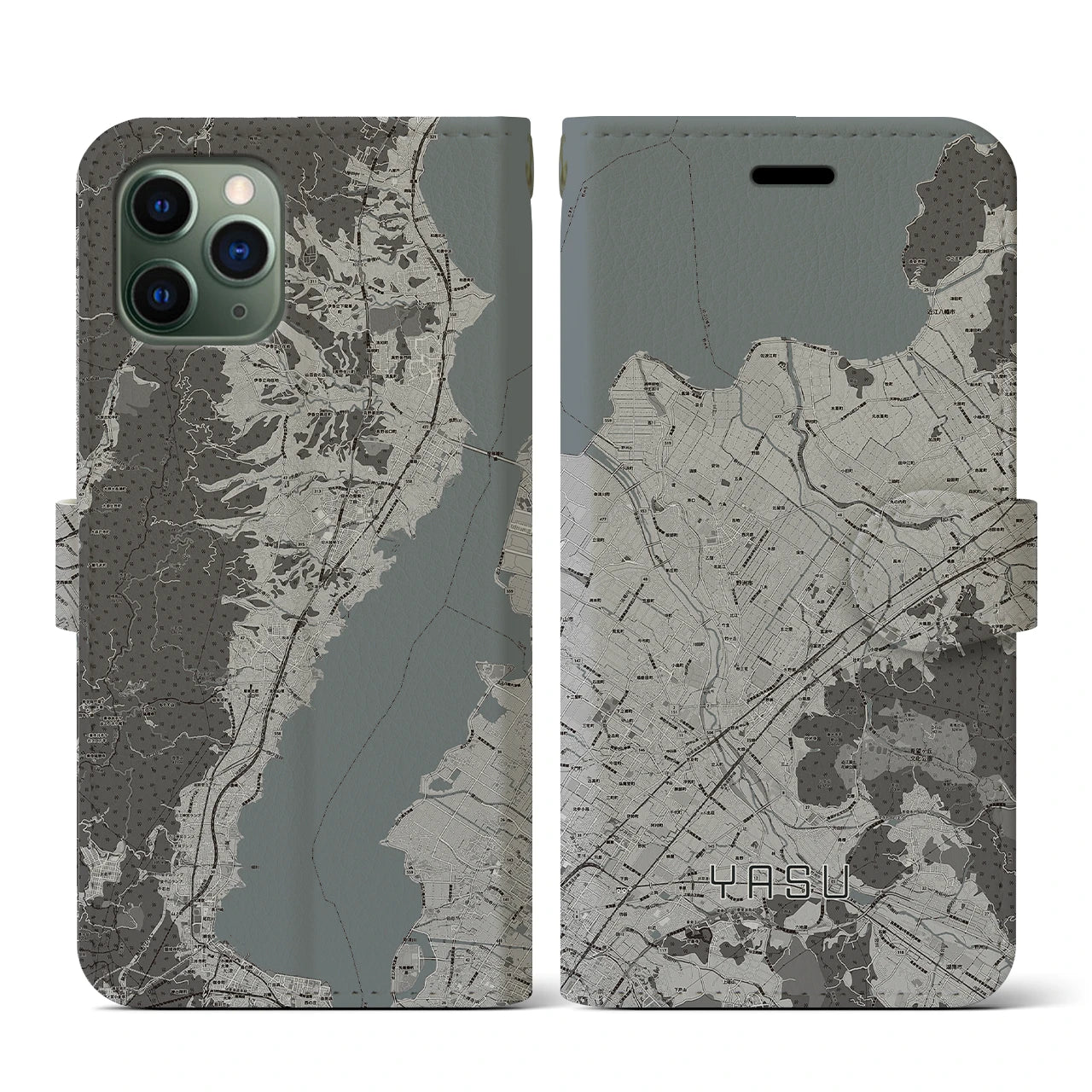 【野洲(滋賀県)】地図柄iPhoneケース(手帳タイプ)モノトーン・iPhone 11 Pro 用