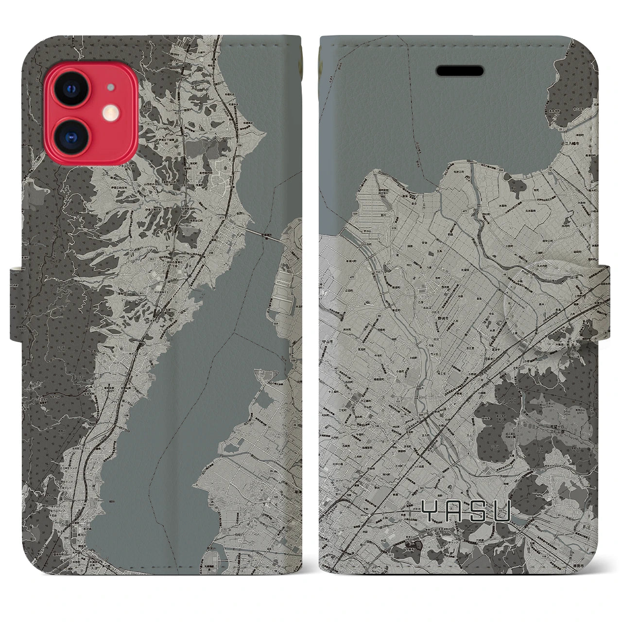 【野洲(滋賀県)】地図柄iPhoneケース(手帳タイプ)モノトーン・iPhone 11 用