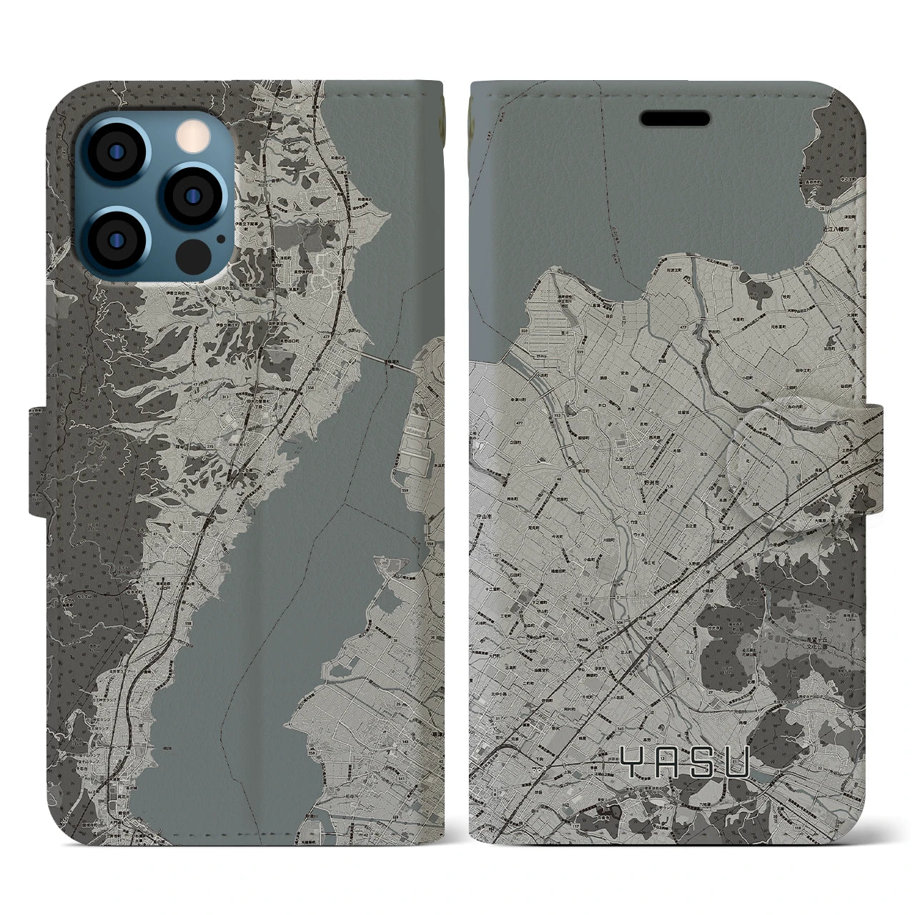 【野洲(滋賀県)】地図柄iPhoneケース(手帳タイプ)モノトーン・iPhone 12 / 12 Pro 用