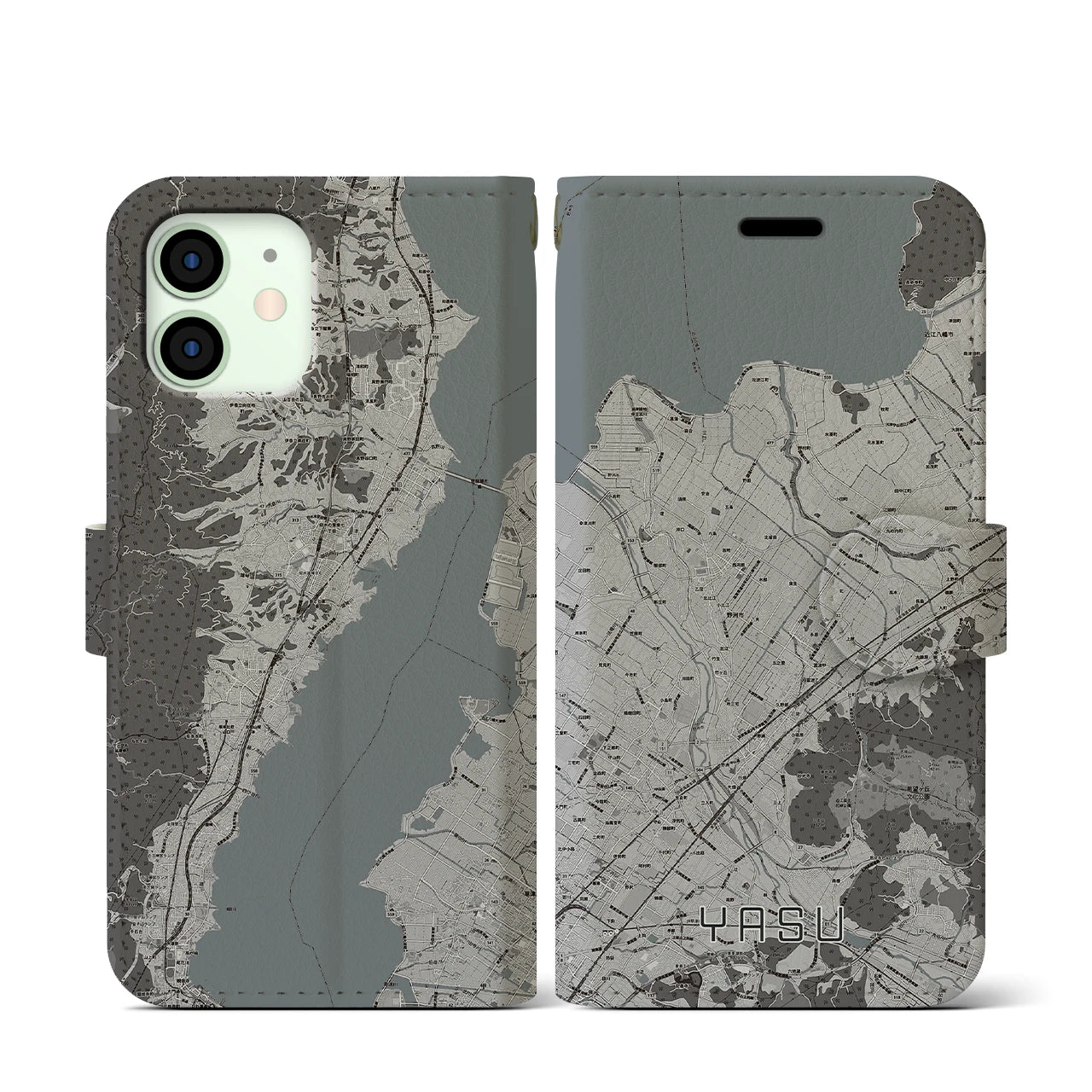 【野洲(滋賀県)】地図柄iPhoneケース(手帳タイプ)モノトーン・iPhone 12 mini 用