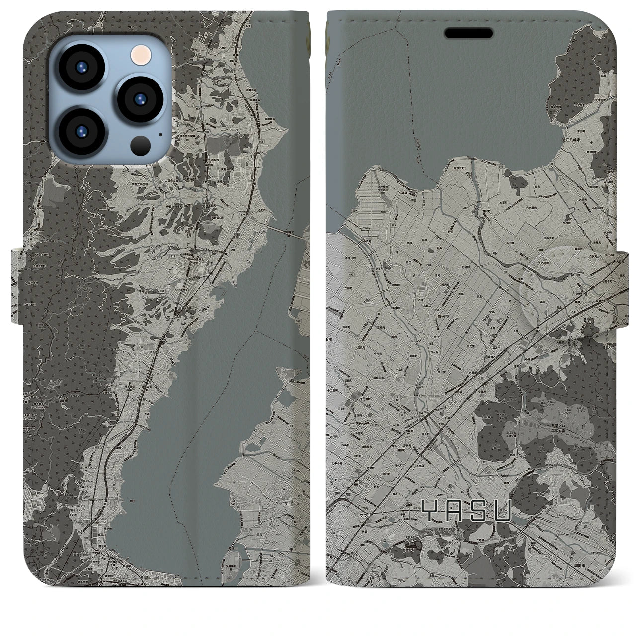 【野洲(滋賀県)】地図柄iPhoneケース(手帳タイプ)モノトーン・iPhone 13 Pro Max 用