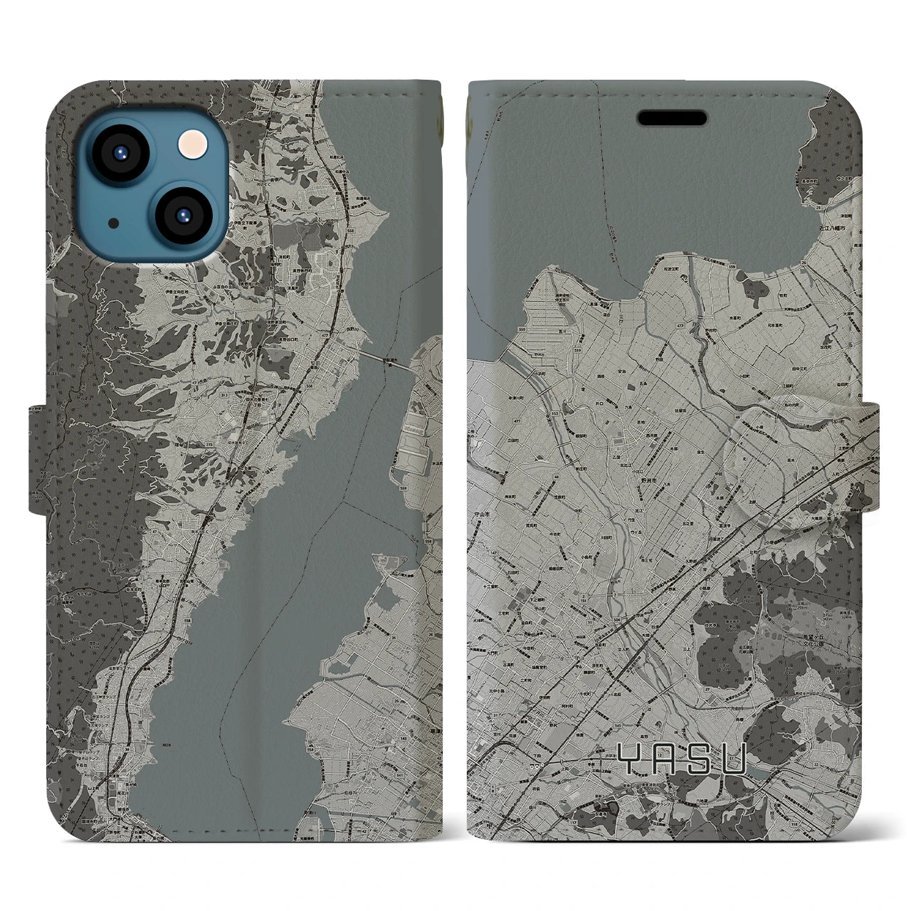 【野洲(滋賀県)】地図柄iPhoneケース(手帳タイプ)モノトーン・iPhone 13 用