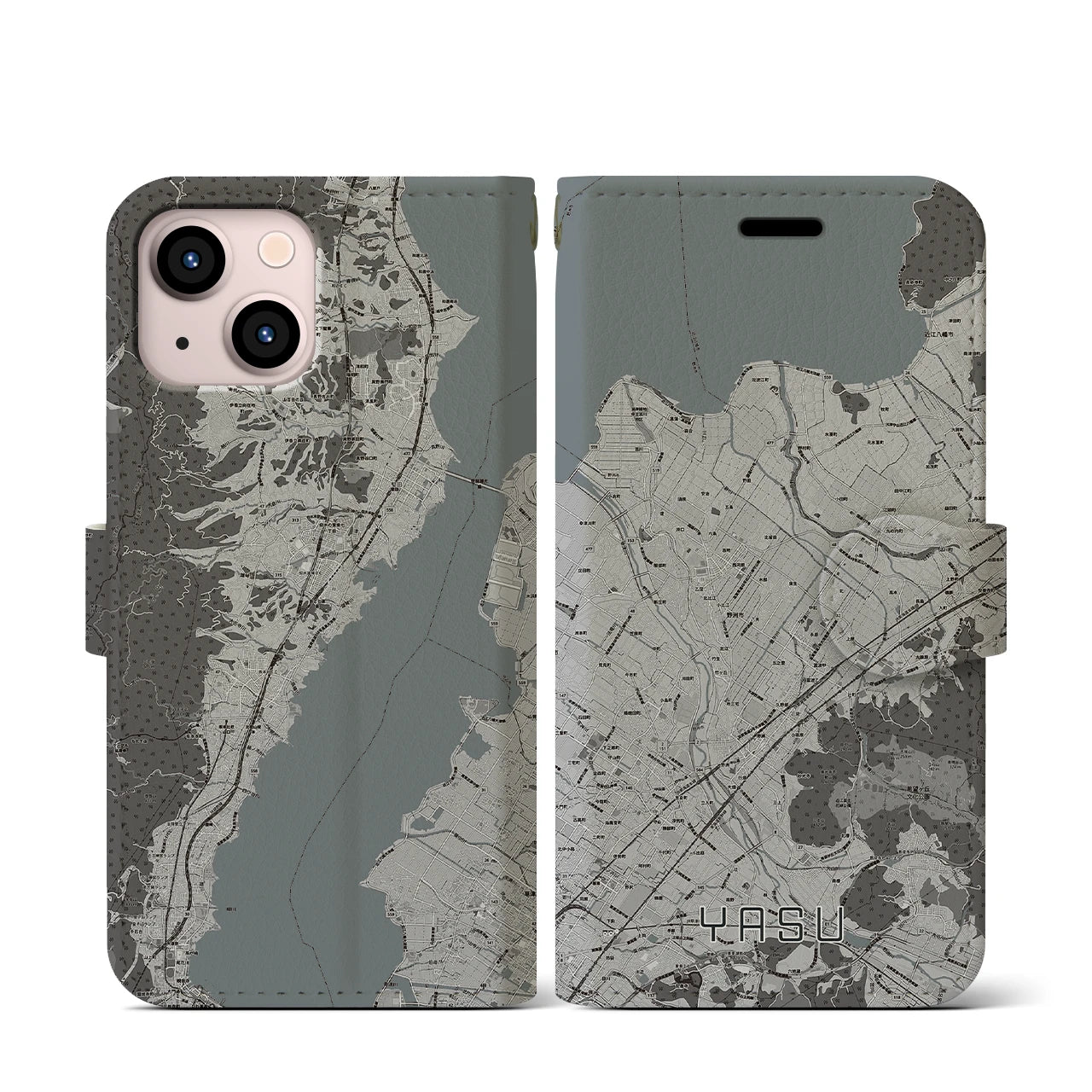 【野洲(滋賀県)】地図柄iPhoneケース(手帳タイプ)モノトーン・iPhone 13 mini 用