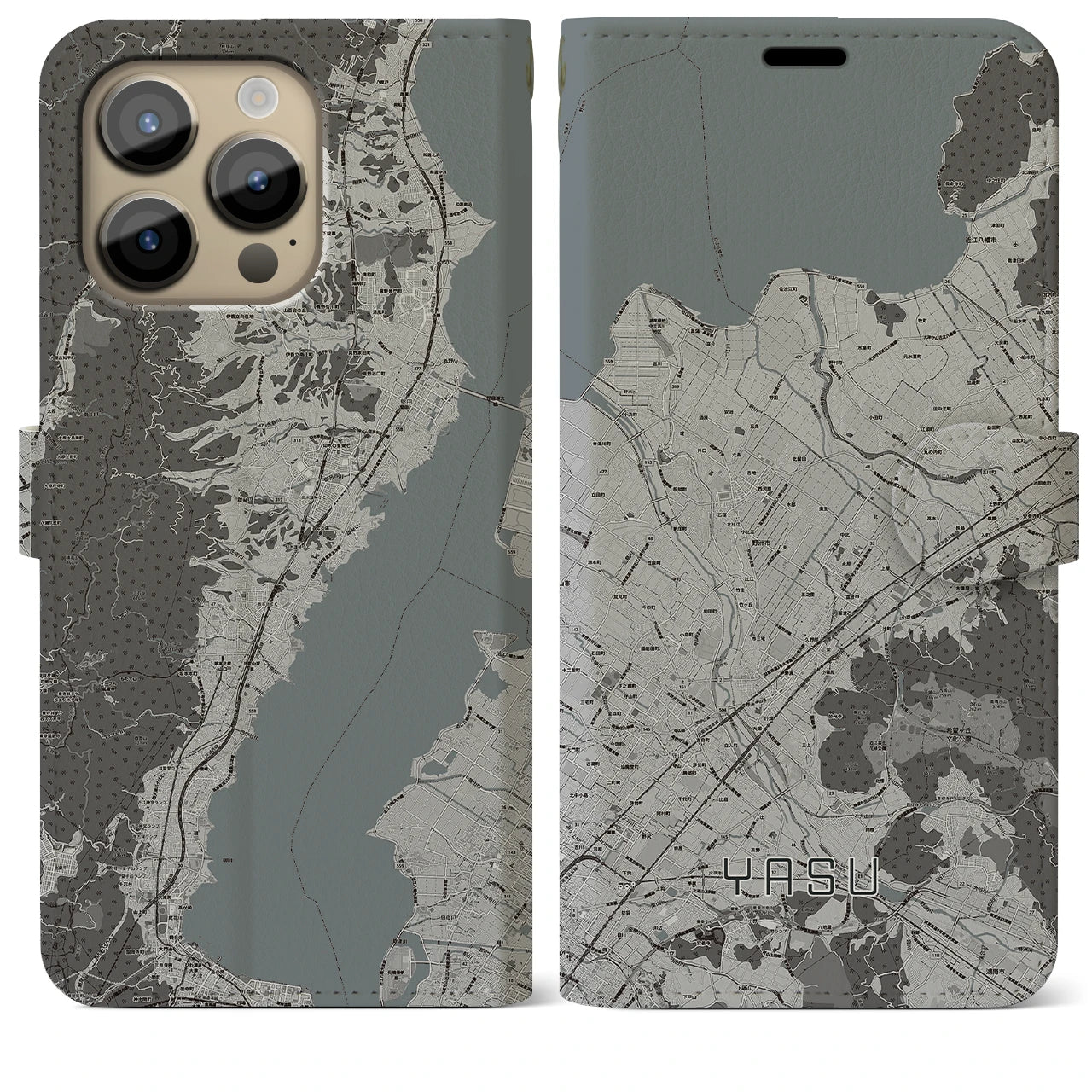 【野洲(滋賀県)】地図柄iPhoneケース(手帳タイプ)モノトーン・iPhone 14 Pro Max 用