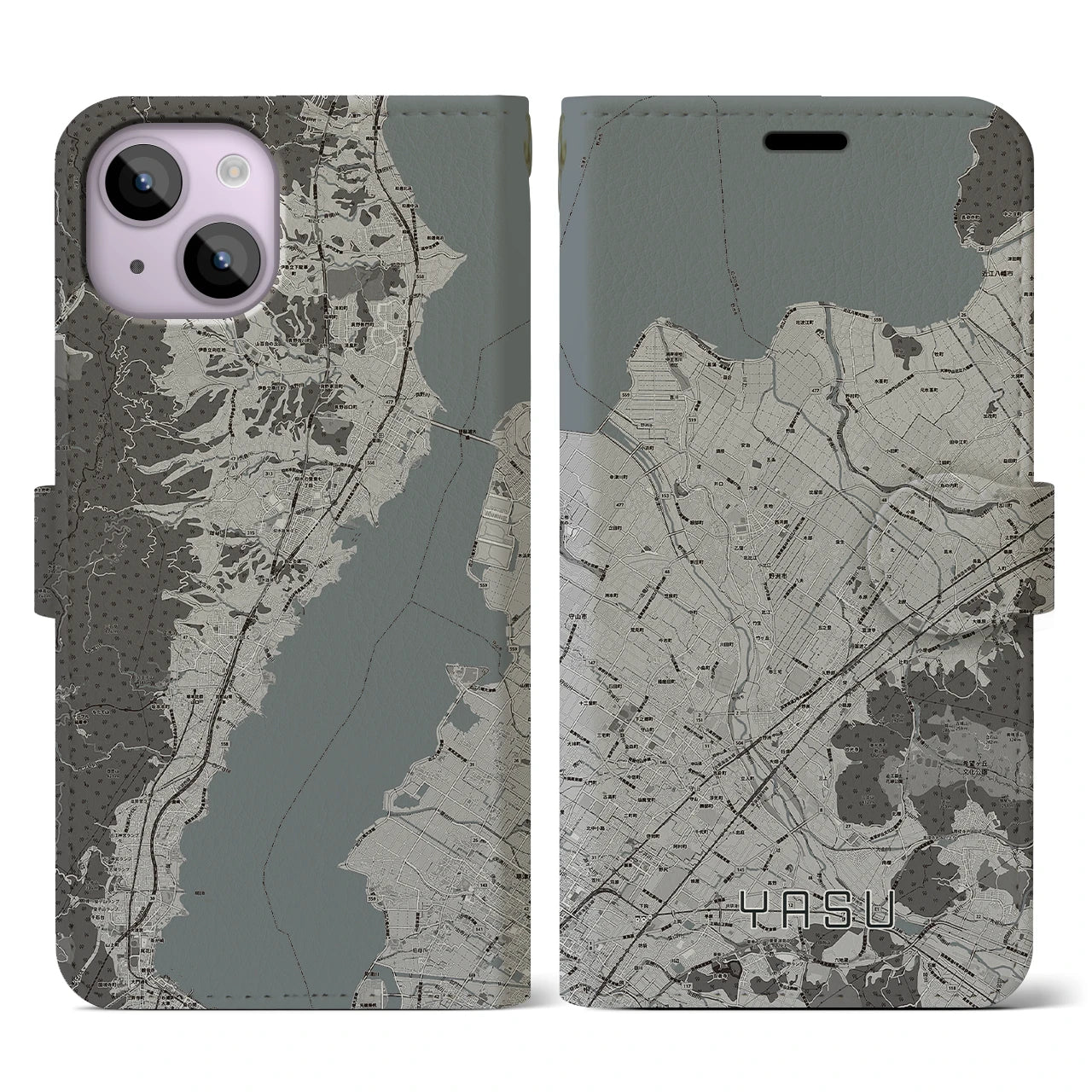 【野洲(滋賀県)】地図柄iPhoneケース(手帳タイプ)モノトーン・iPhone 14 用