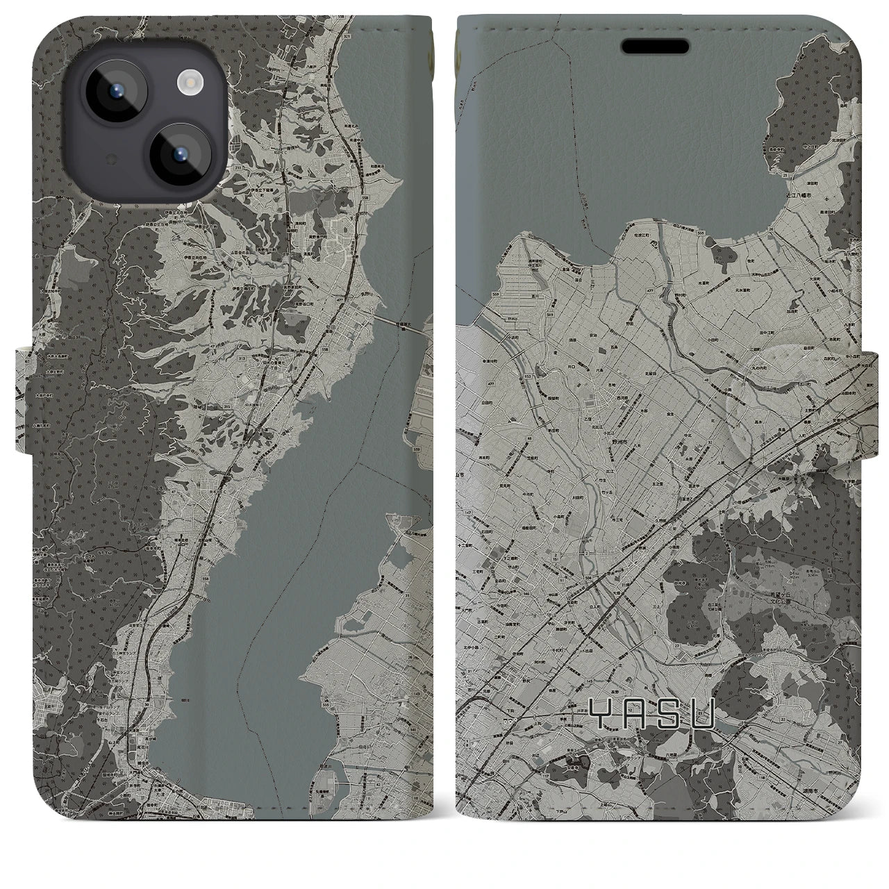 【野洲(滋賀県)】地図柄iPhoneケース(手帳タイプ)モノトーン・iPhone 14 Plus 用