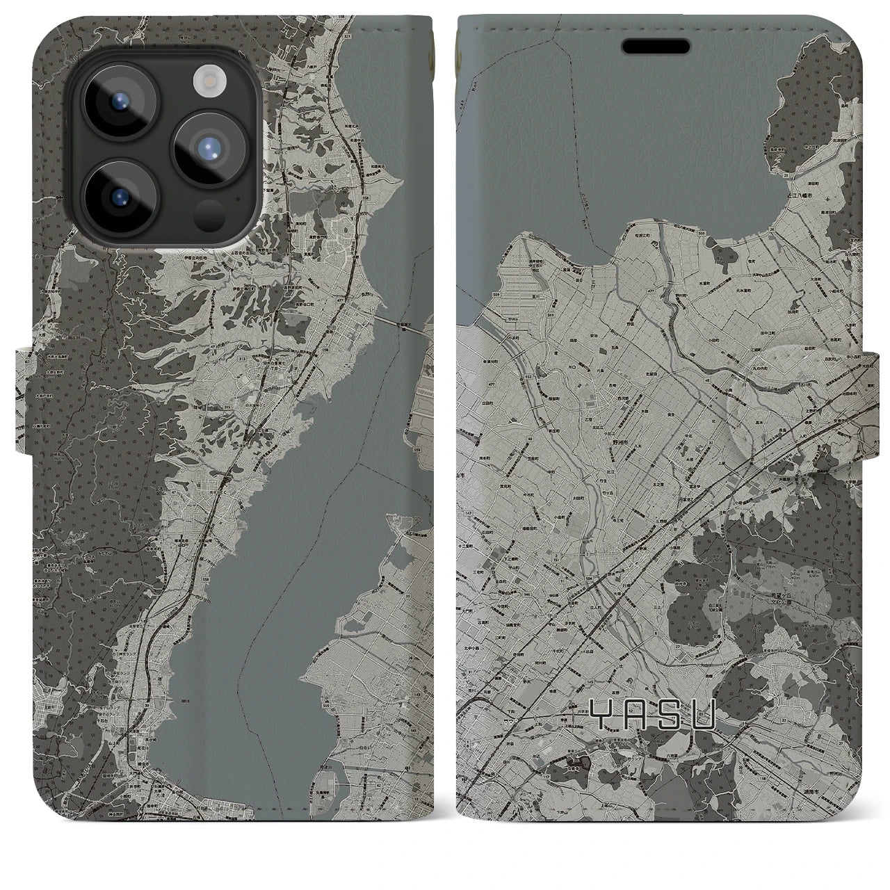 【野洲(滋賀県)】地図柄iPhoneケース(手帳タイプ)モノトーン・iPhone 15 Pro Max 用