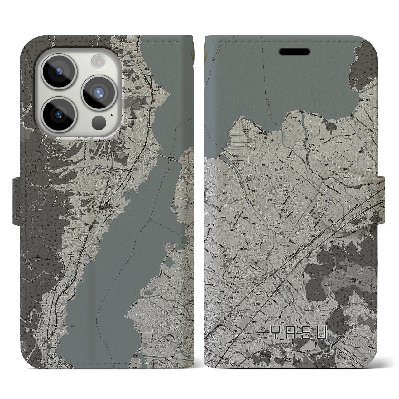 【野洲(滋賀県)】地図柄iPhoneケース(手帳タイプ)モノトーン・iPhone 15 Pro 用
