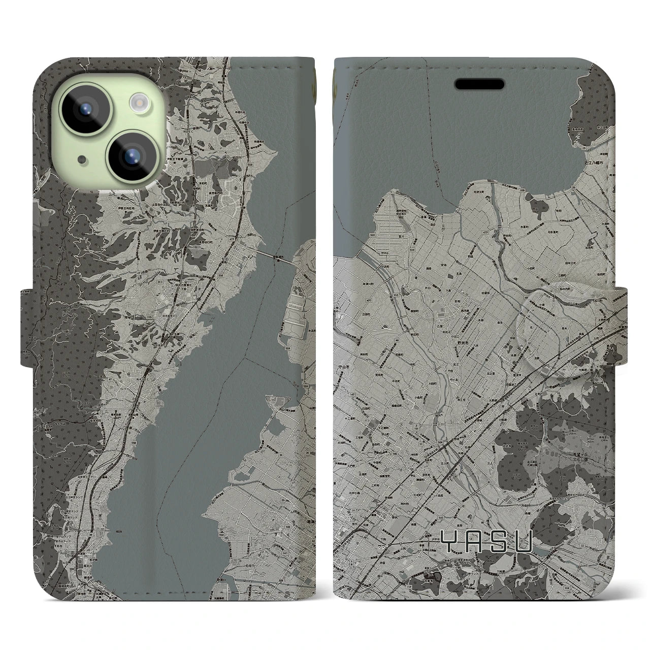 【野洲(滋賀県)】地図柄iPhoneケース(手帳タイプ)モノトーン・iPhone 15 用