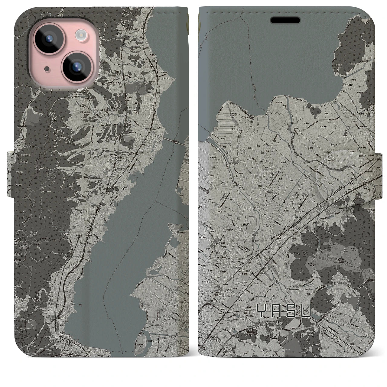 【野洲(滋賀県)】地図柄iPhoneケース(手帳タイプ)モノトーン・iPhone 15 Plus 用