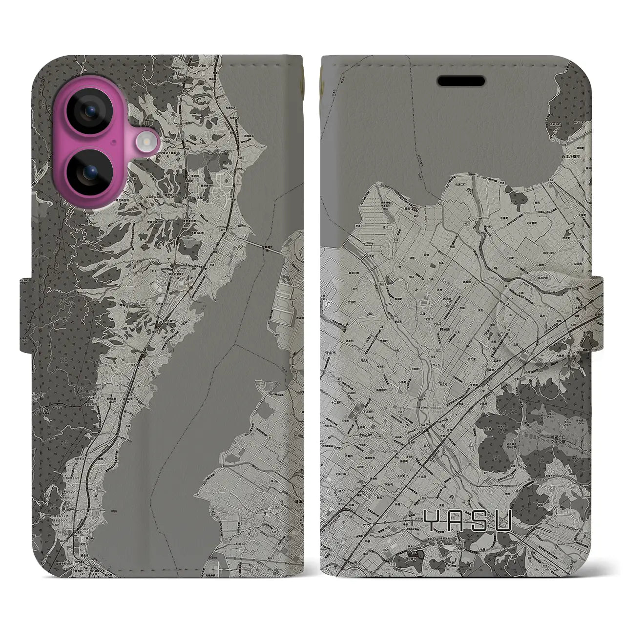【野洲(滋賀県)】地図柄iPhoneケース(手帳タイプ)モノトーン・iPhone 16 Pro 用