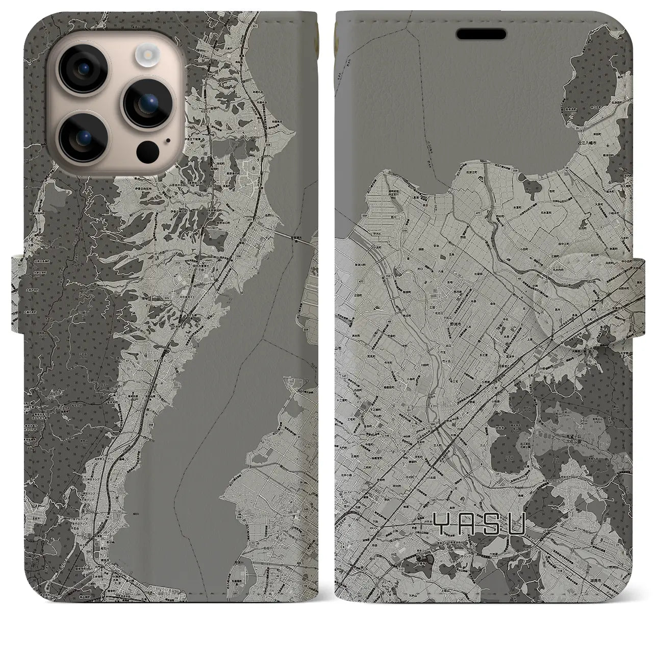 【野洲(滋賀県)】地図柄iPhoneケース(手帳タイプ)モノトーン・iPhone 16 Plus 用