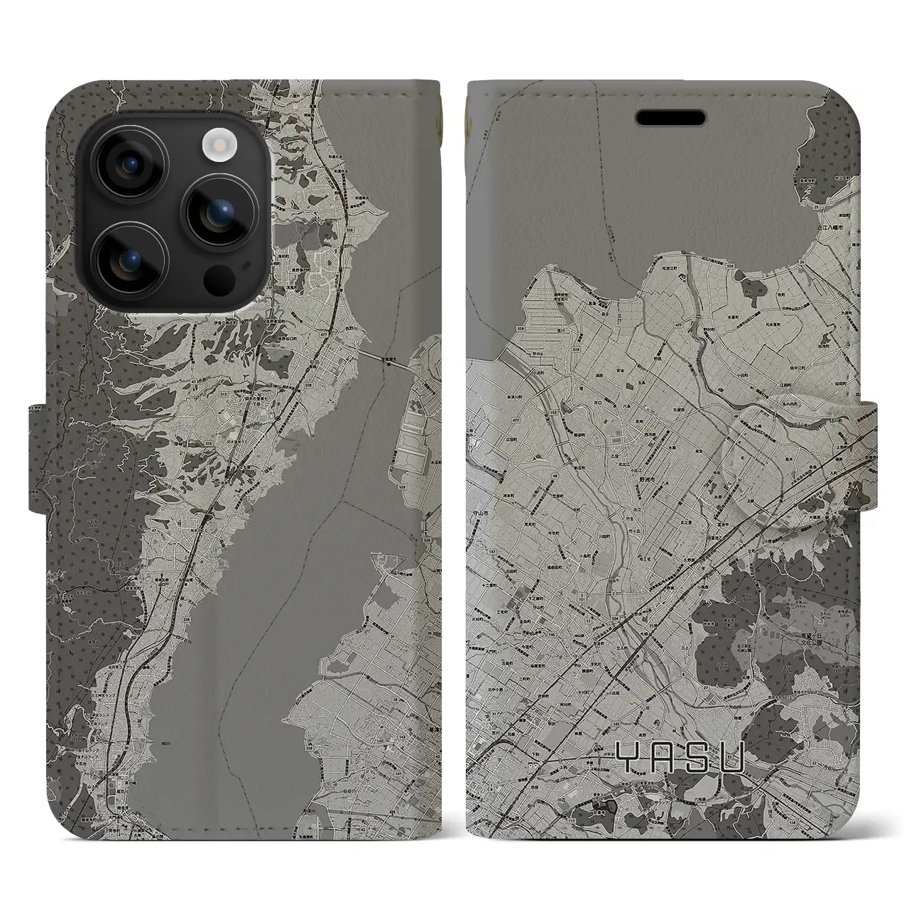 【野洲(滋賀県)】地図柄iPhoneケース(手帳タイプ)モノトーン・iPhone 16 用