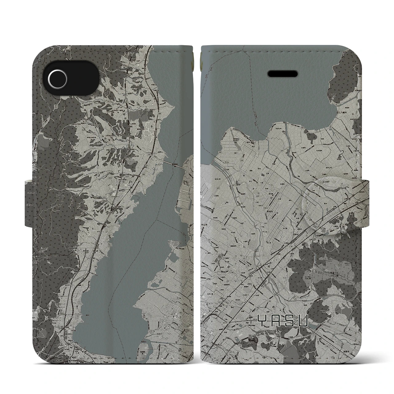 【野洲(滋賀県)】地図柄iPhoneケース(手帳タイプ)モノトーン・iPhone SE(第3 / 第2世代) / 8 / 7 / 6s / 6 用