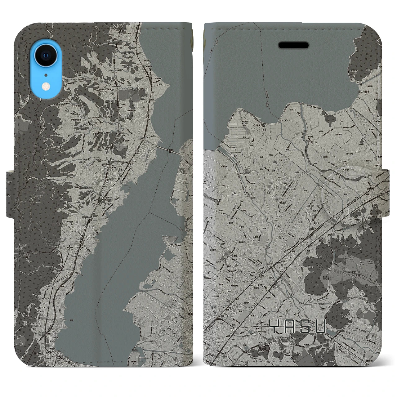 【野洲(滋賀県)】地図柄iPhoneケース(手帳タイプ)モノトーン・iPhone XR 用