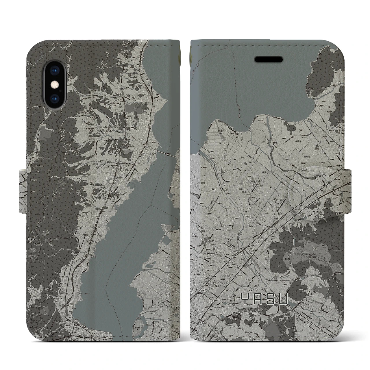 【野洲(滋賀県)】地図柄iPhoneケース(手帳タイプ)モノトーン・iPhone XS / X 用