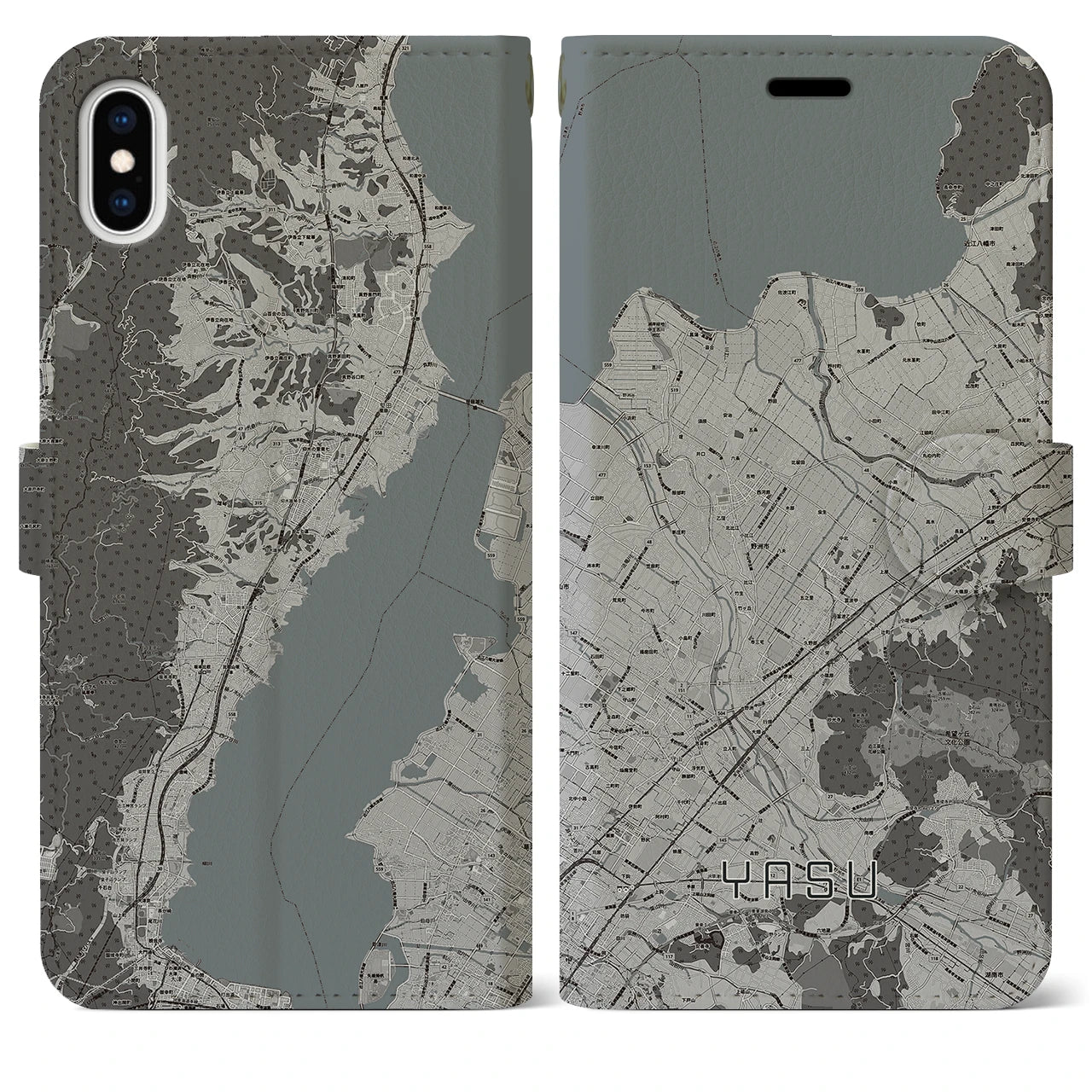 【野洲(滋賀県)】地図柄iPhoneケース(手帳タイプ)モノトーン・iPhone XS Max 用