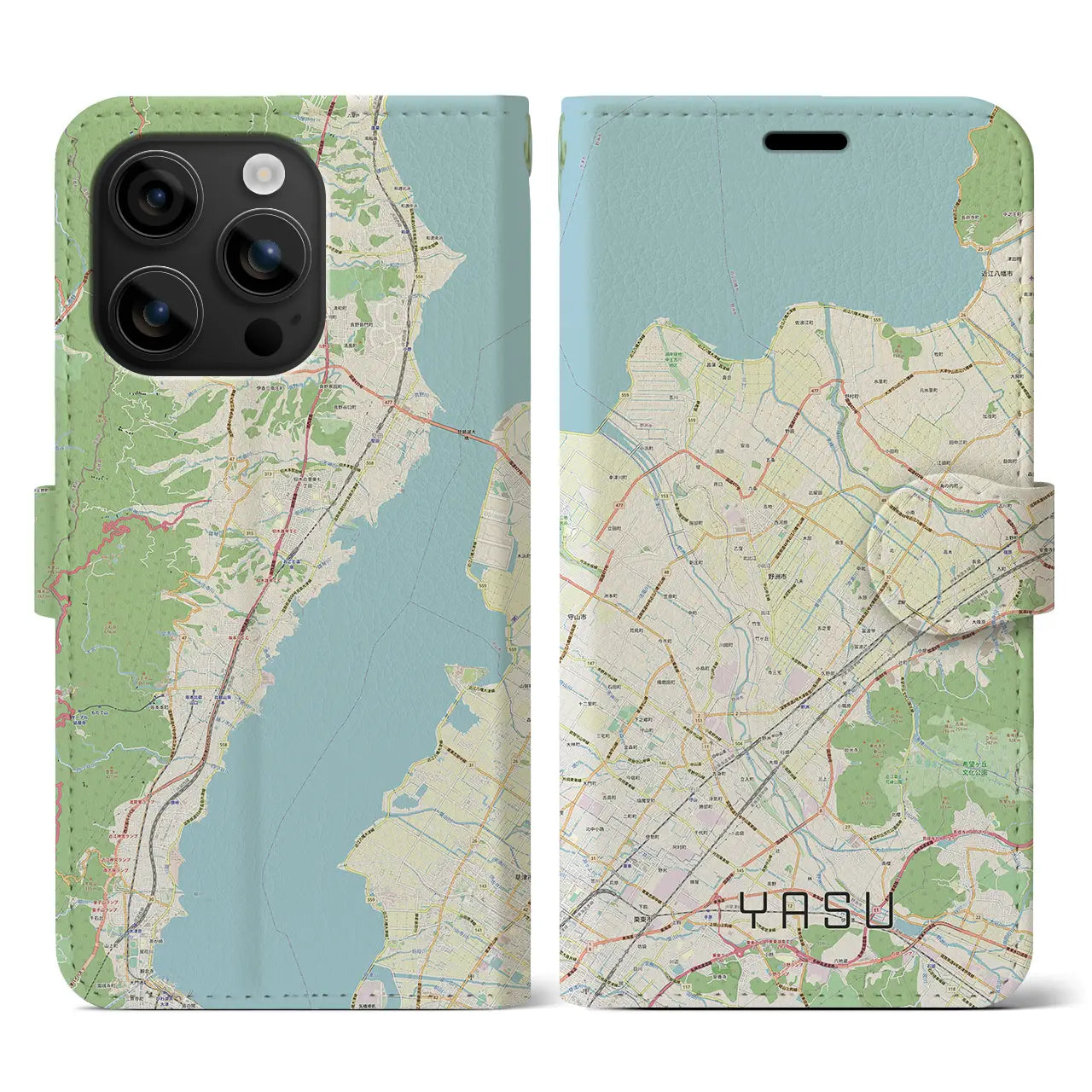 【野洲(滋賀県)】地図柄iPhoneケース(手帳タイプ)ナチュラル・iPhone 16 用