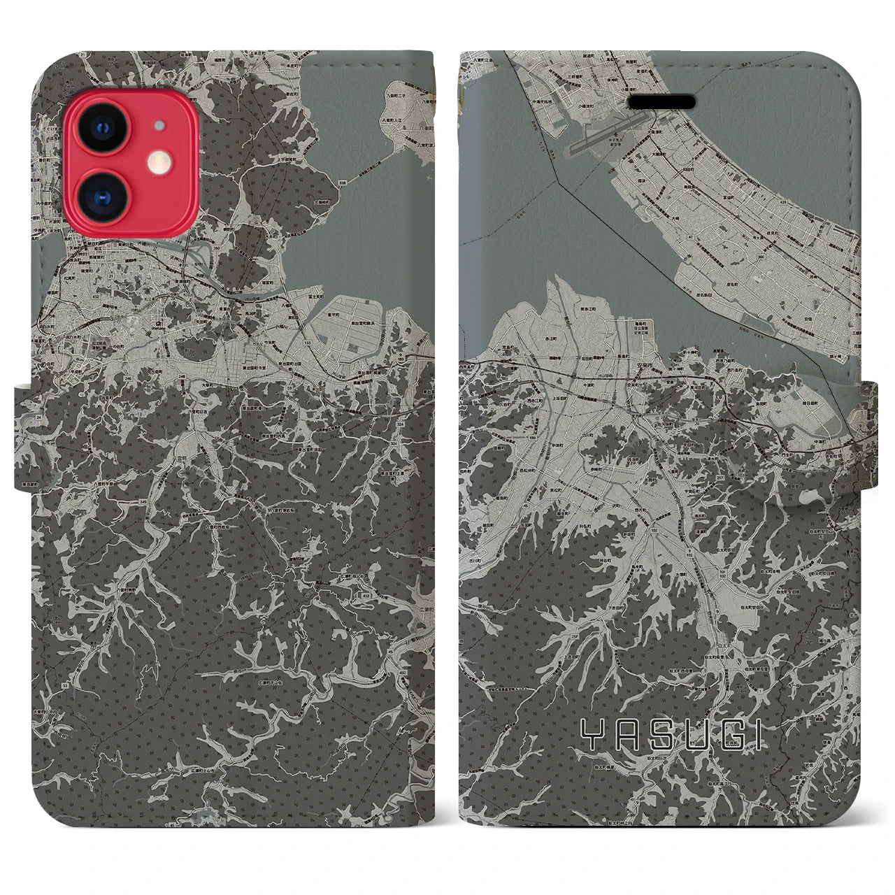 【安来(島根県)】地図柄iPhoneケース(手帳タイプ)モノトーン・iPhone 11 用