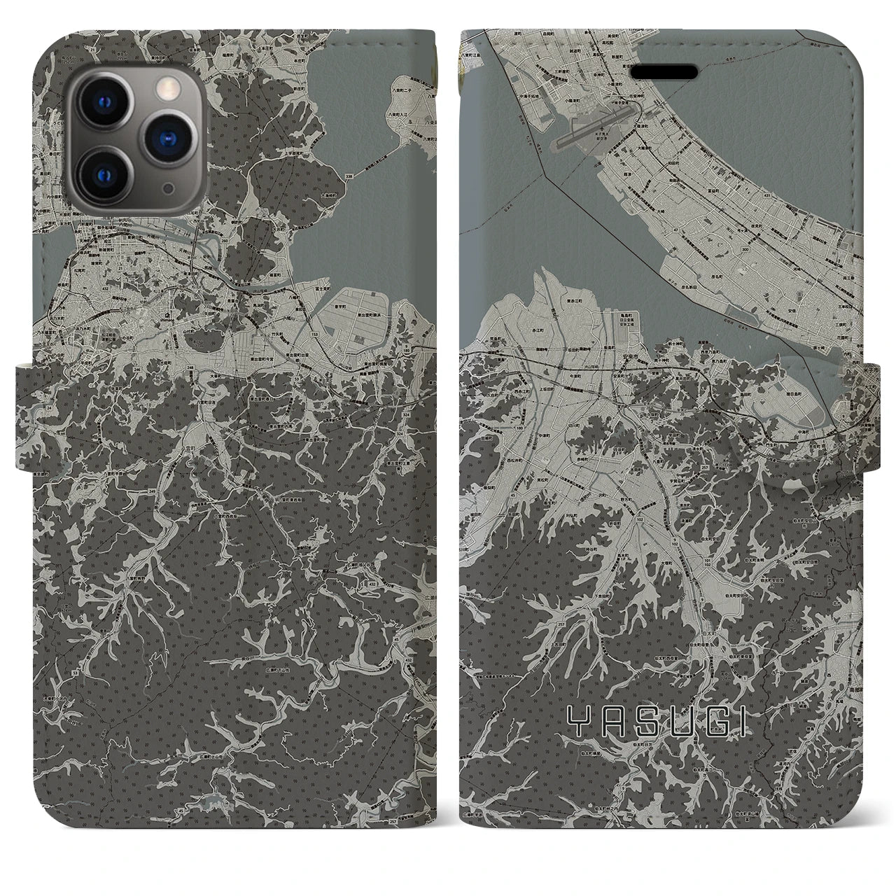 【安来(島根県)】地図柄iPhoneケース(手帳タイプ)モノトーン・iPhone 11 Pro Max 用