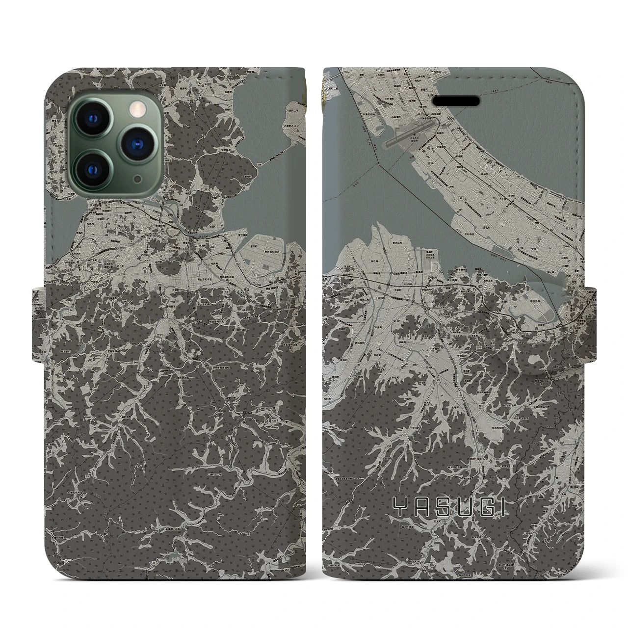 【安来(島根県)】地図柄iPhoneケース(手帳タイプ)モノトーン・iPhone 11 Pro 用