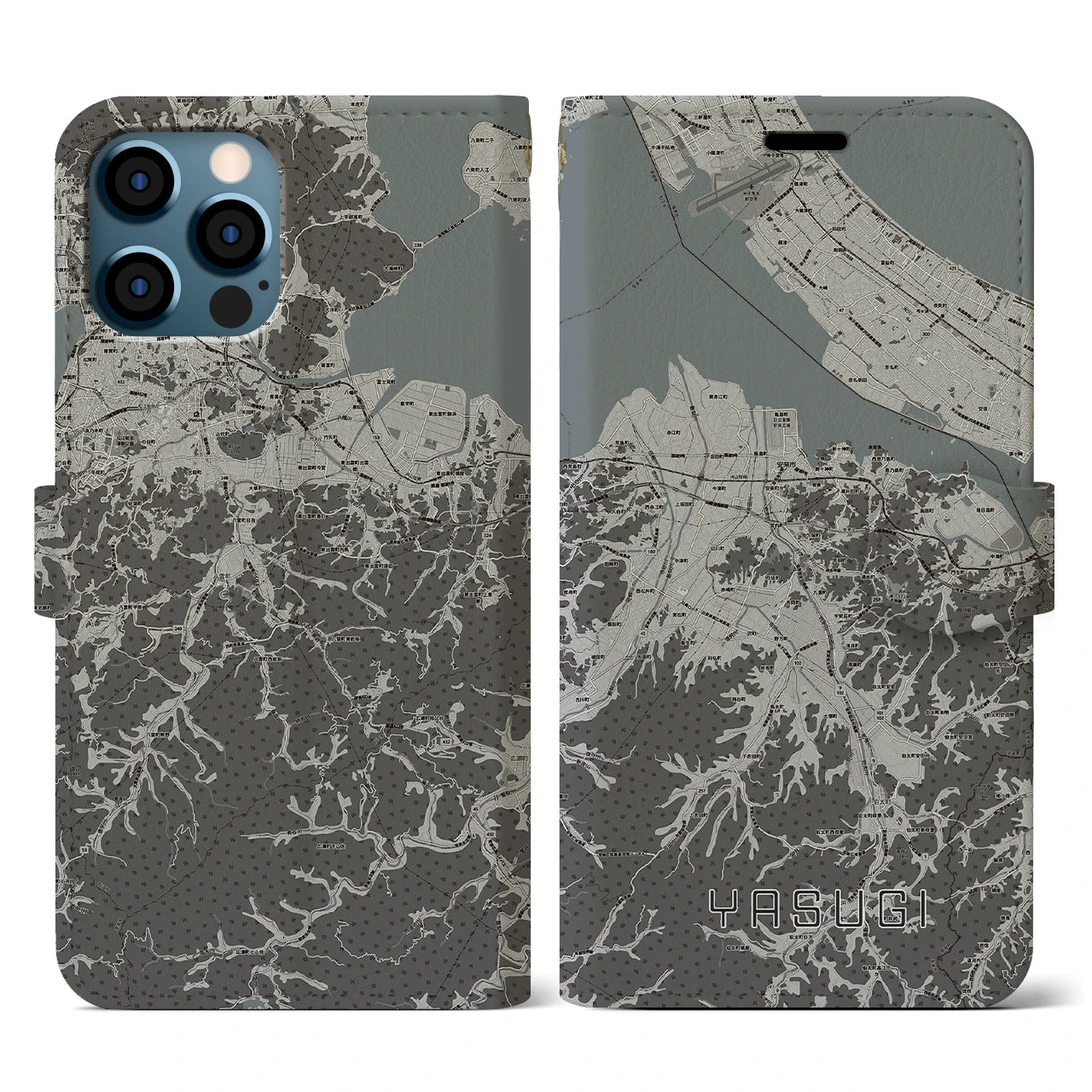 【安来(島根県)】地図柄iPhoneケース(手帳タイプ)モノトーン・iPhone 12 / 12 Pro 用