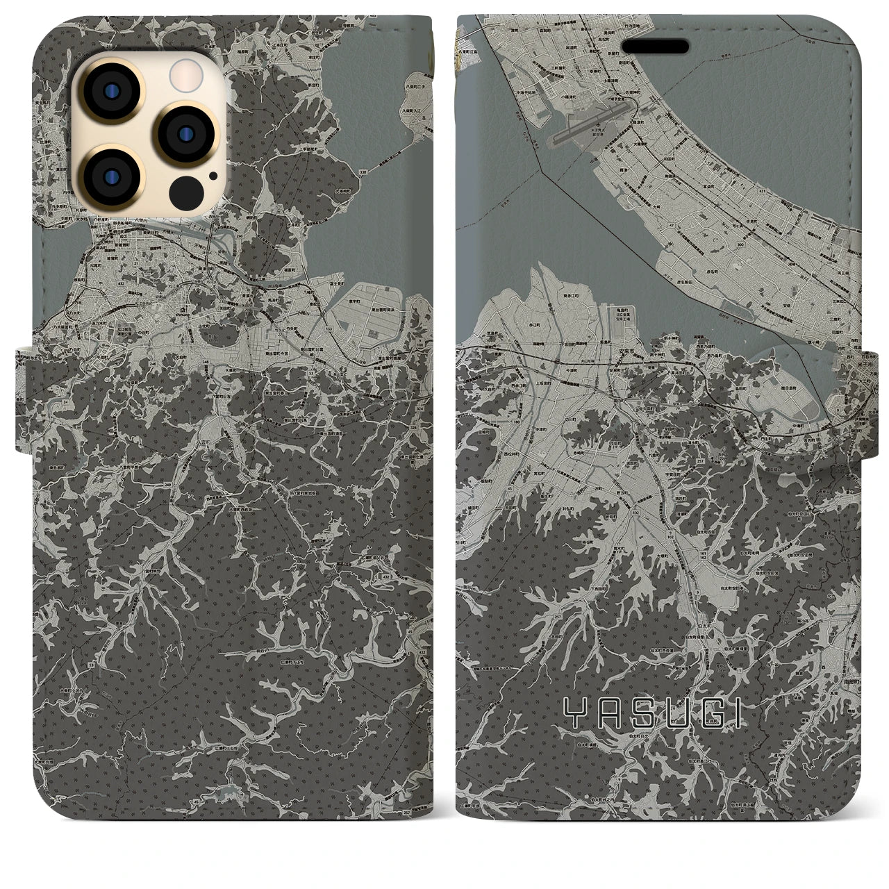 【安来(島根県)】地図柄iPhoneケース(手帳タイプ)モノトーン・iPhone 12 Pro Max 用