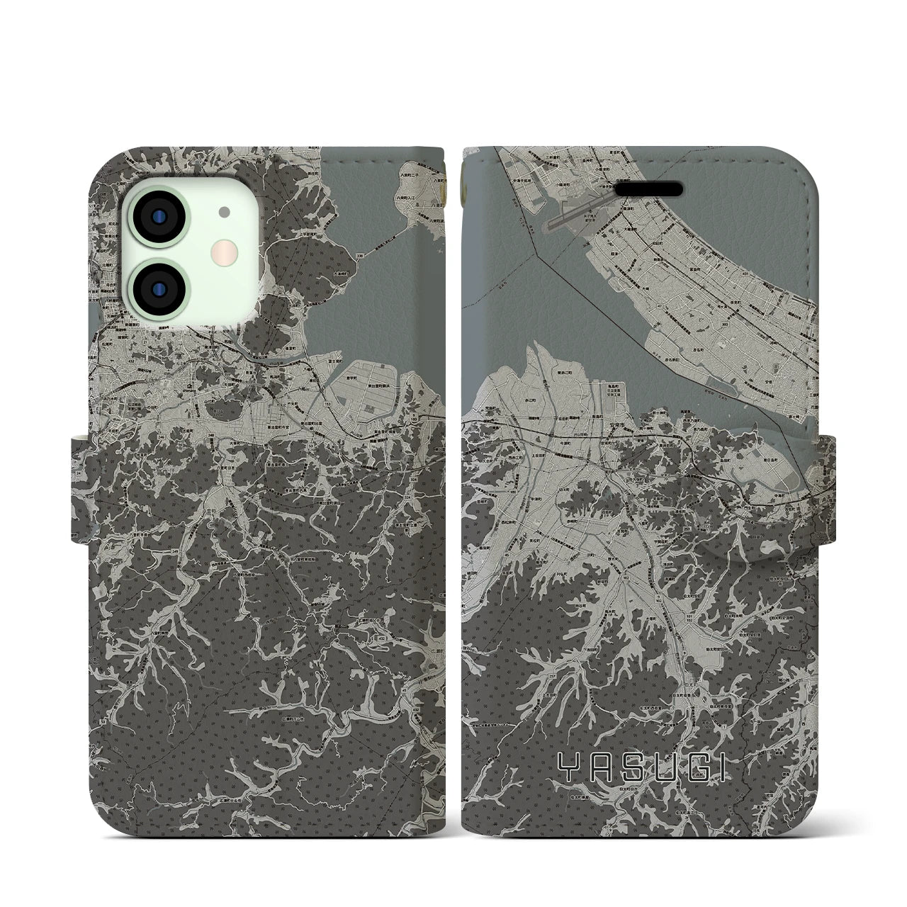 【安来(島根県)】地図柄iPhoneケース(手帳タイプ)モノトーン・iPhone 12 mini 用