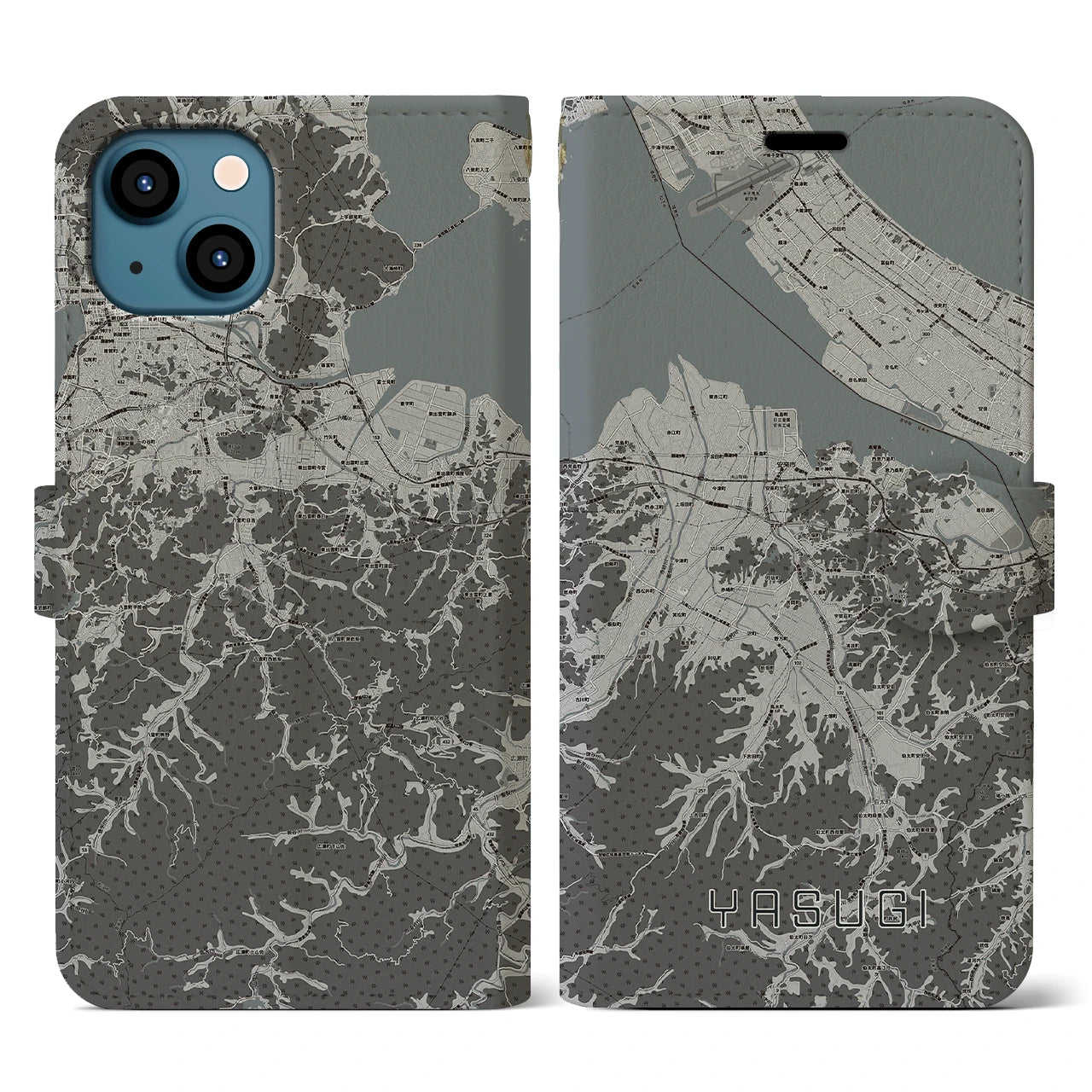 【安来(島根県)】地図柄iPhoneケース(手帳タイプ)モノトーン・iPhone 13 用