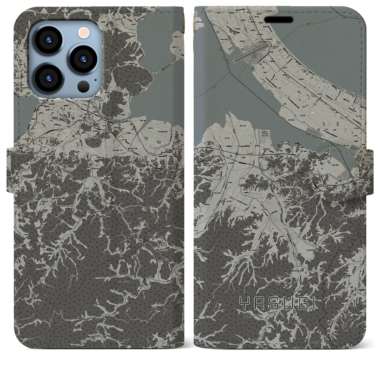 【安来(島根県)】地図柄iPhoneケース(手帳タイプ)モノトーン・iPhone 13 Pro Max 用