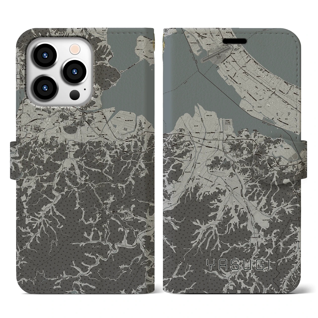 【安来(島根県)】地図柄iPhoneケース(手帳タイプ)モノトーン・iPhone 13 Pro 用