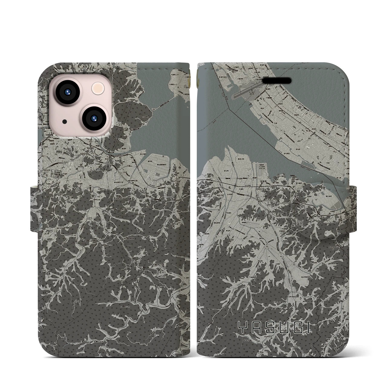 【安来(島根県)】地図柄iPhoneケース(手帳タイプ)モノトーン・iPhone 13 mini 用