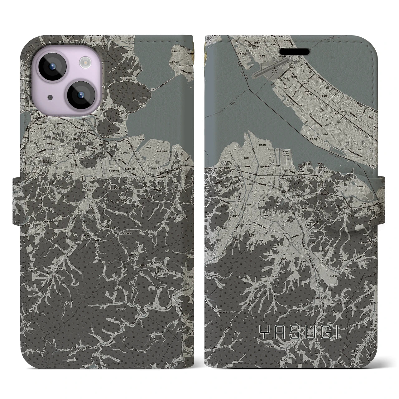 【安来(島根県)】地図柄iPhoneケース(手帳タイプ)モノトーン・iPhone 14 用