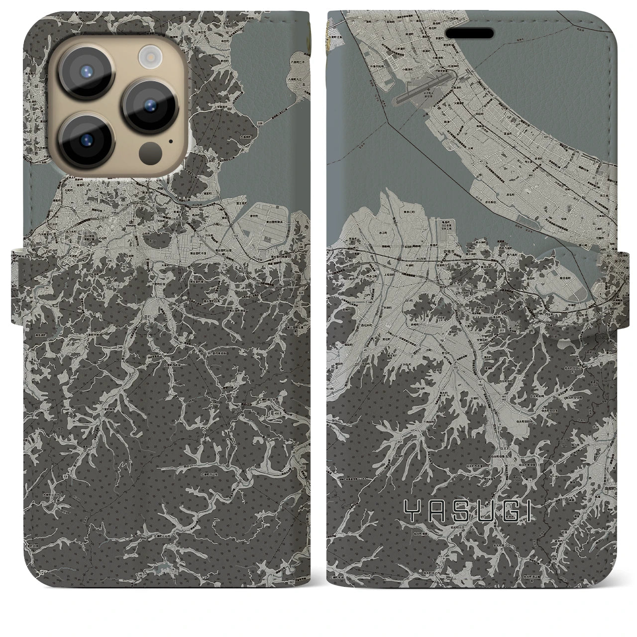 【安来(島根県)】地図柄iPhoneケース(手帳タイプ)モノトーン・iPhone 14 Pro Max 用